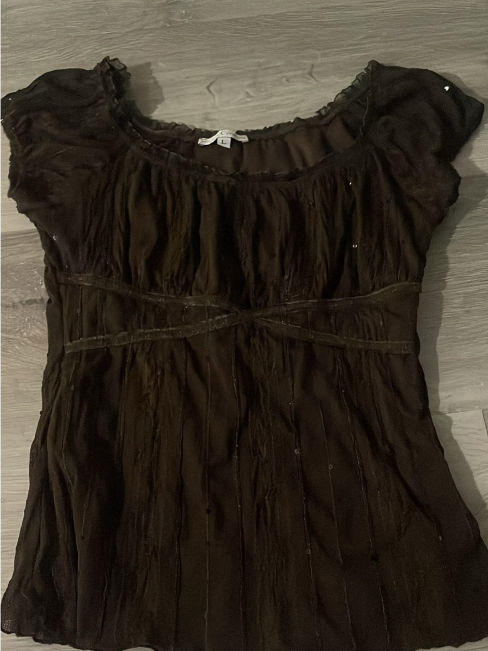 Brown Women's Pleated Flutter Sleeve Top